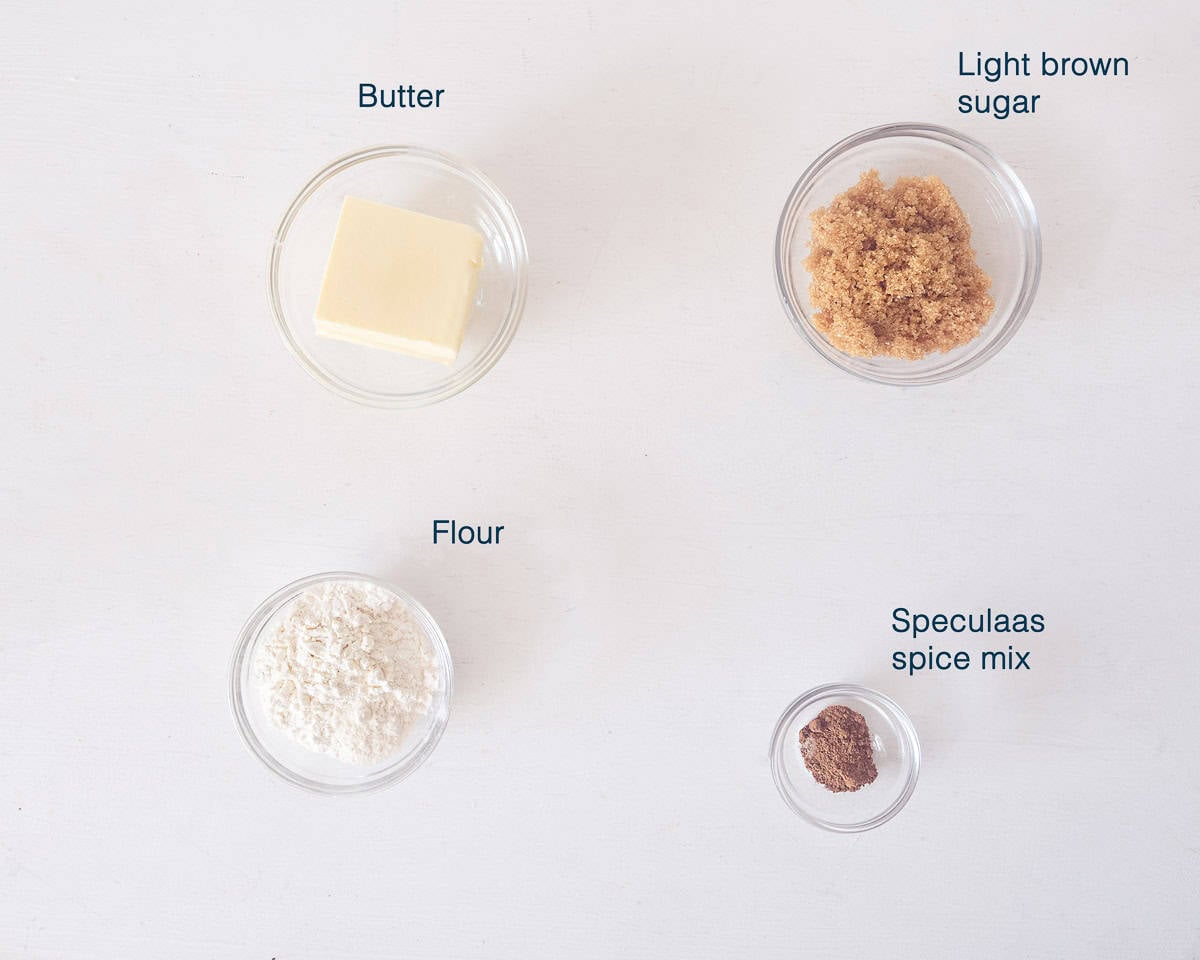 Ingredients Spiced Crumble Topping on a white background with text description