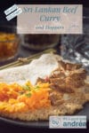 A dark gray plate with a rice pancake with beef curry, carrots. At the top a text description of the recipe