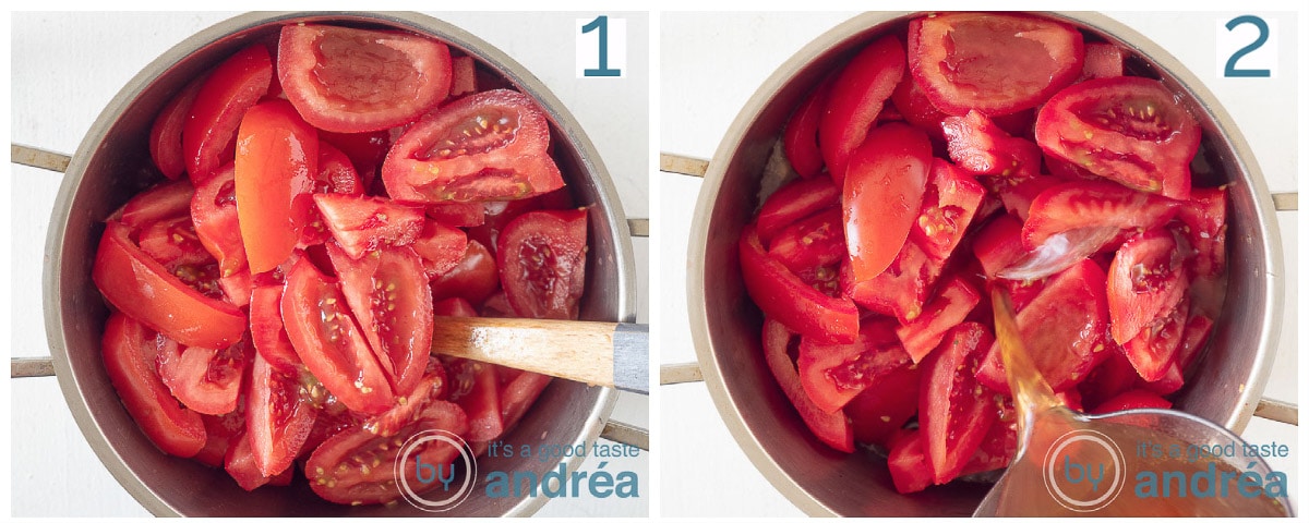 Add the tomatoes and the stock