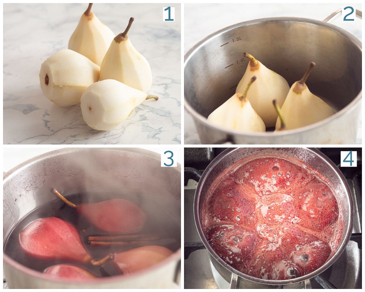Four photos showing the preparation of the stewed pears in port and wine