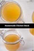 Two pictures with jars filled with chicken stock on a white background. A text in between: homemade chicken stock