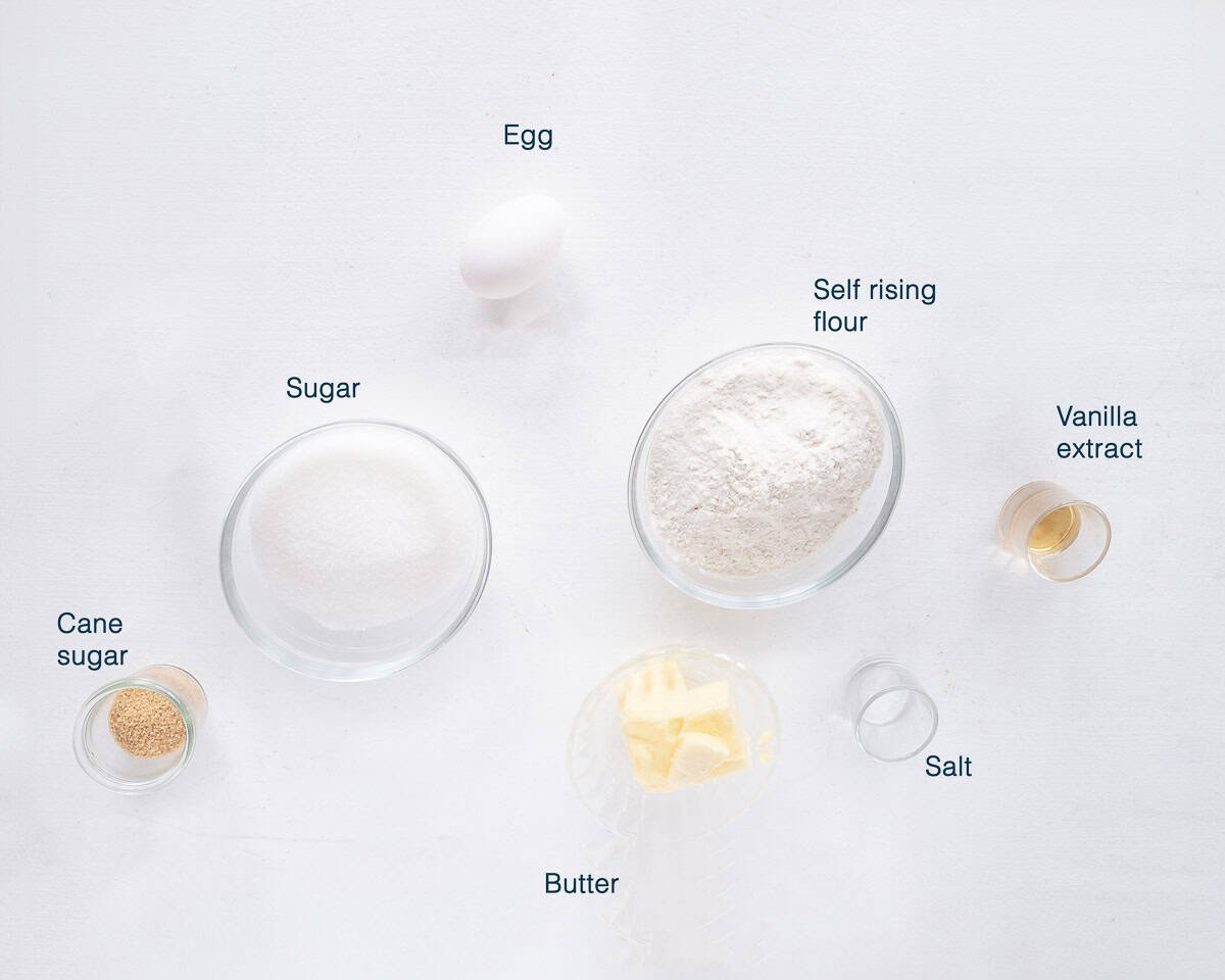 Ingredients Dutch Zandkoekjes on a white background with text description