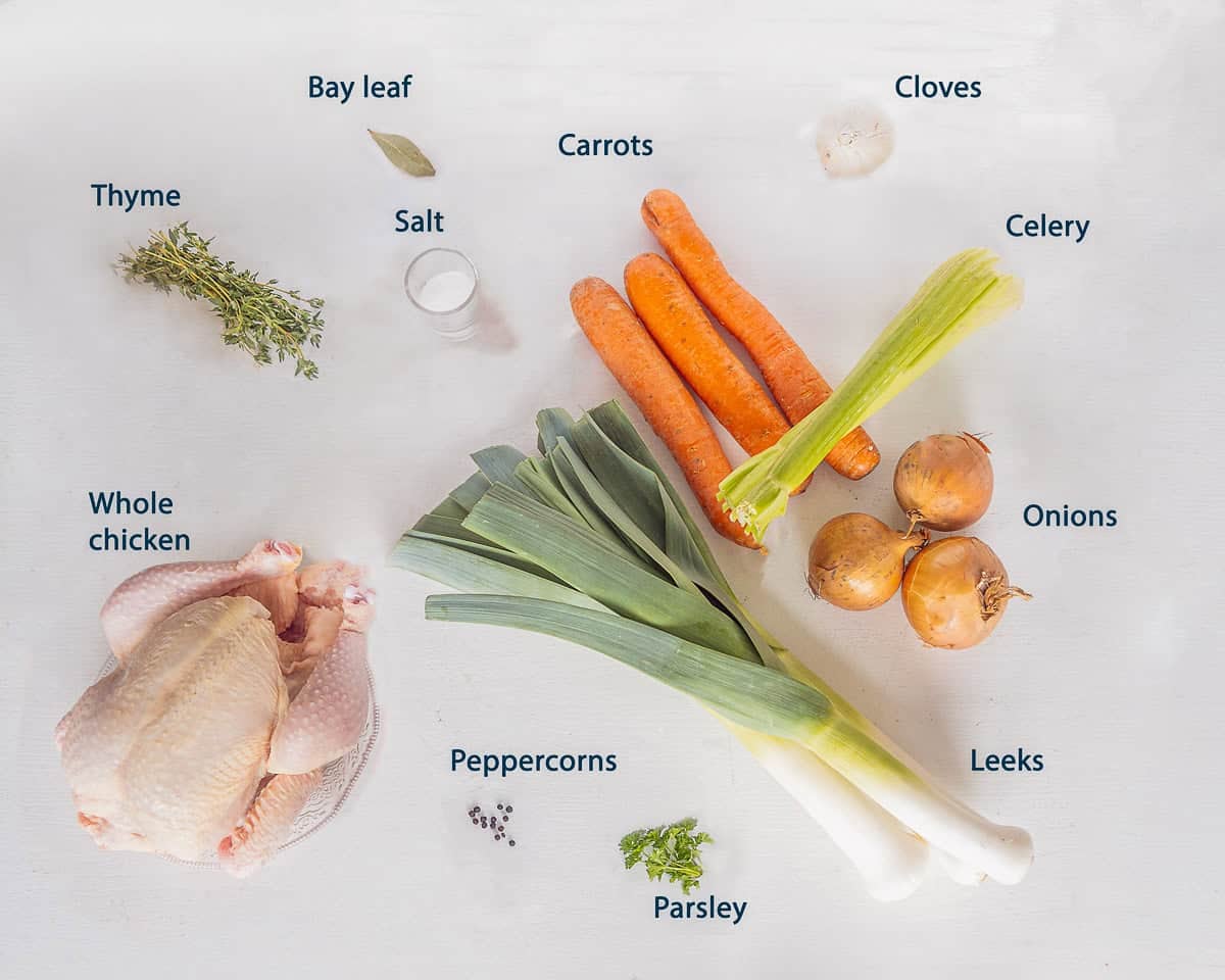 Ingredients Homemade Chicken Stock on a white background with text description