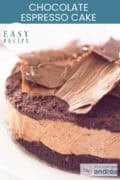 Part of a cake with chocolate. A text on top: easy recipe, chocolate espresso cake