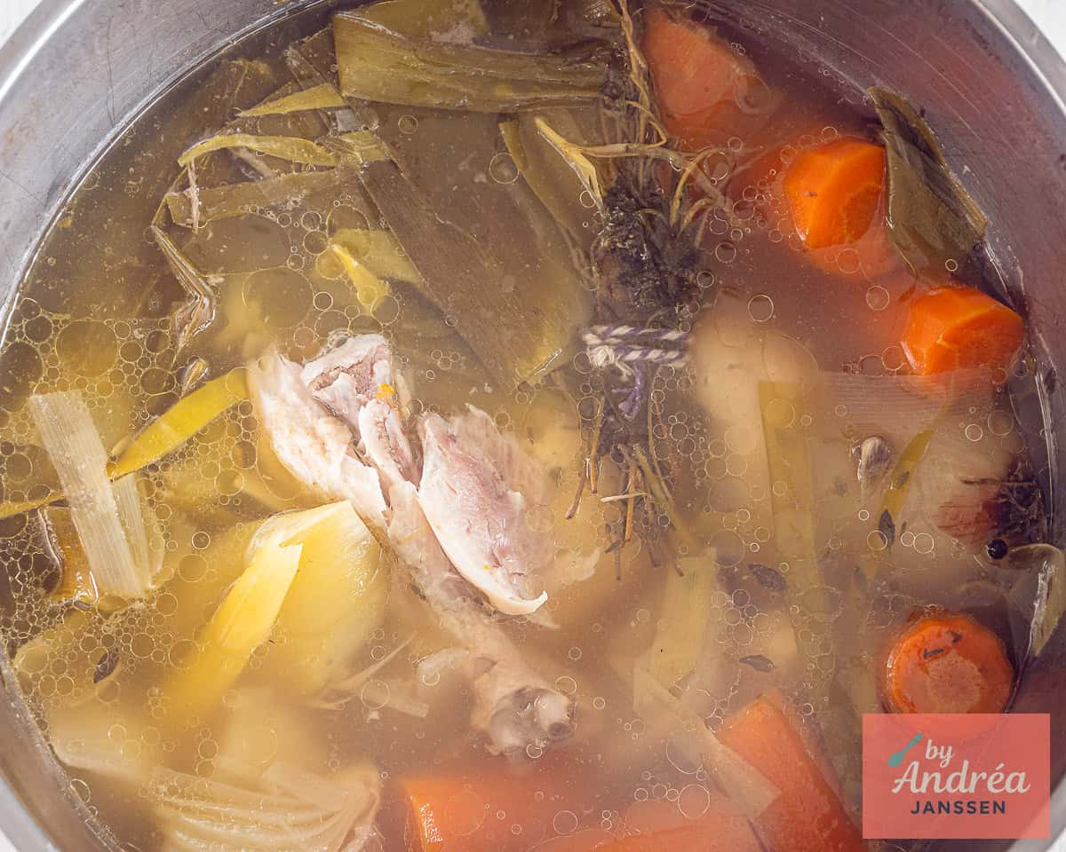 Cook the chicken stock in a pot