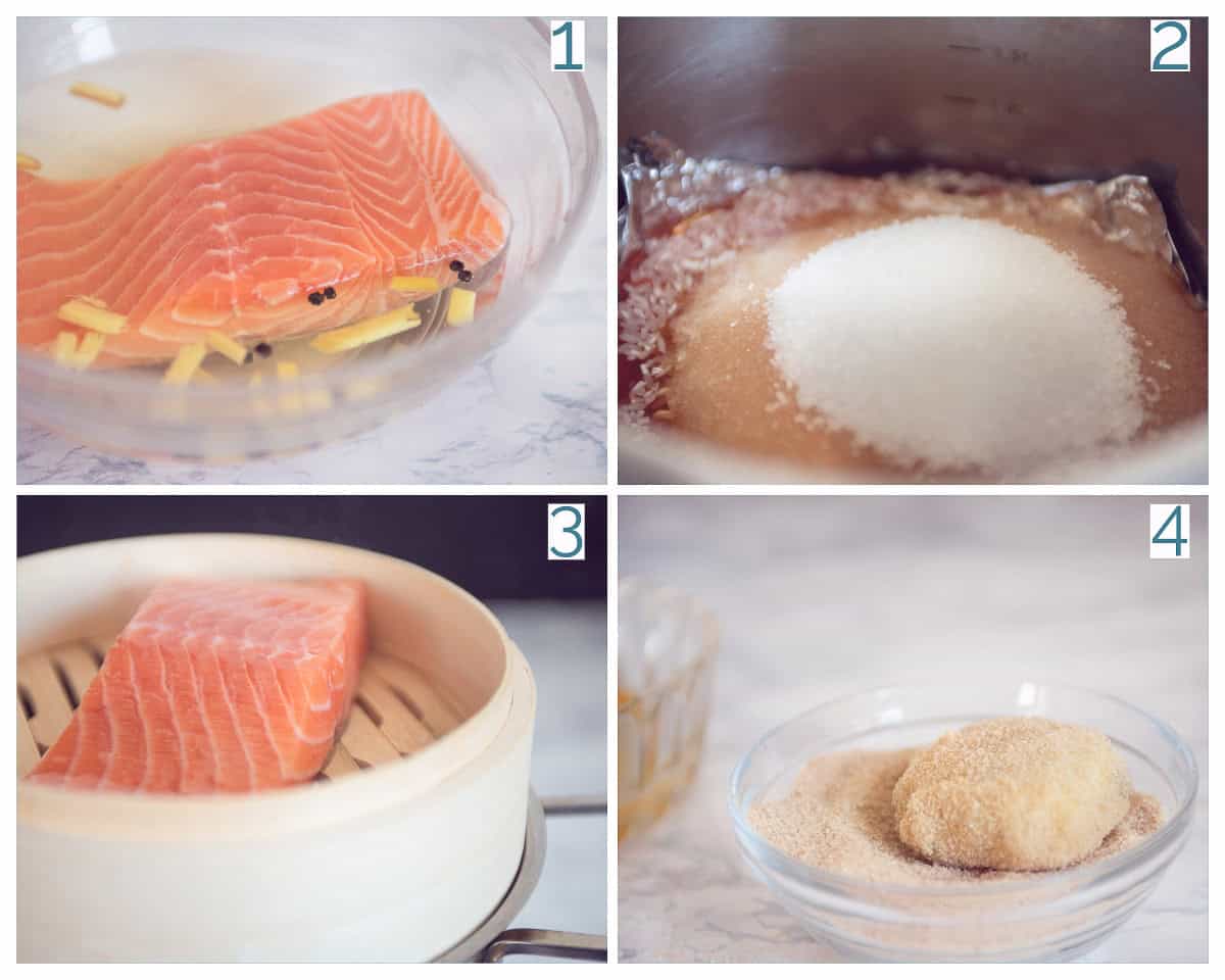 4 collage photo Hot Smoked Salmon with Wasabi Potato Cakes