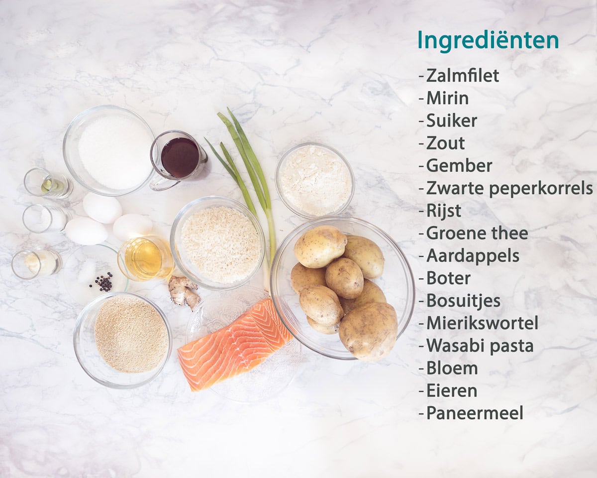 Ingredienten Warm Gerookte Zalm met Wasabi Aardappelkoekjesop een witte ondergrond met een tekstbeschrijving van de ingrediënten ernaast.