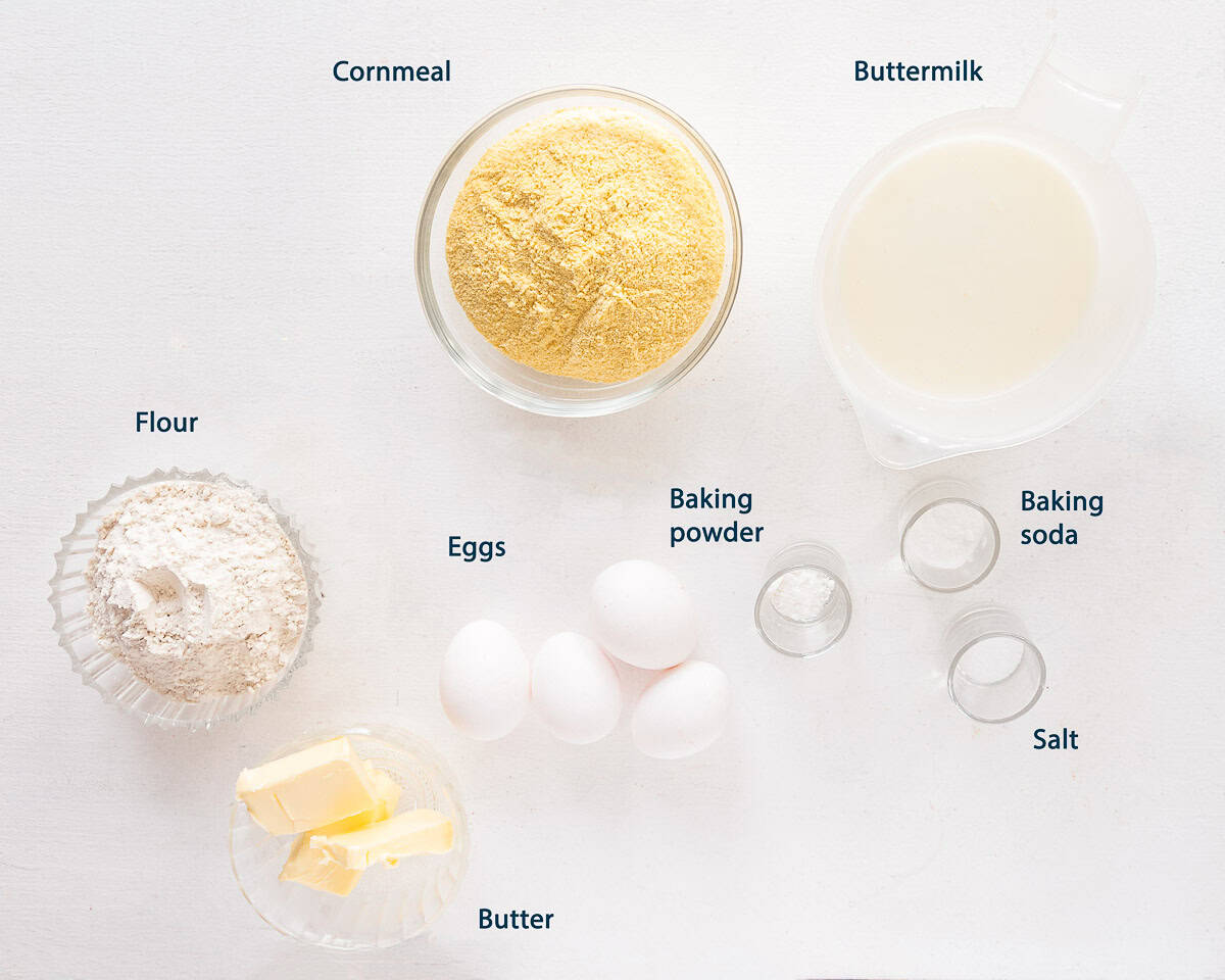Ingredients Cornmeal Pancakes on a white background with text description