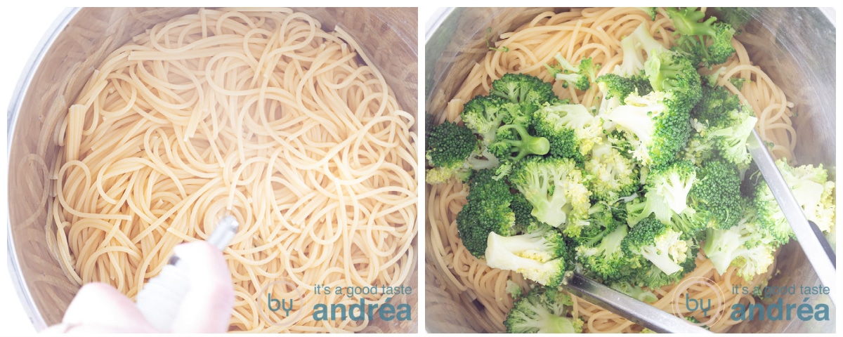 Meng wat olie door de spaghetti en doe de broccoli erbij
