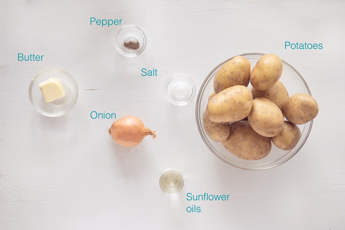 Ingredients Amish Potato Pancake Recipe on a white background with a text description