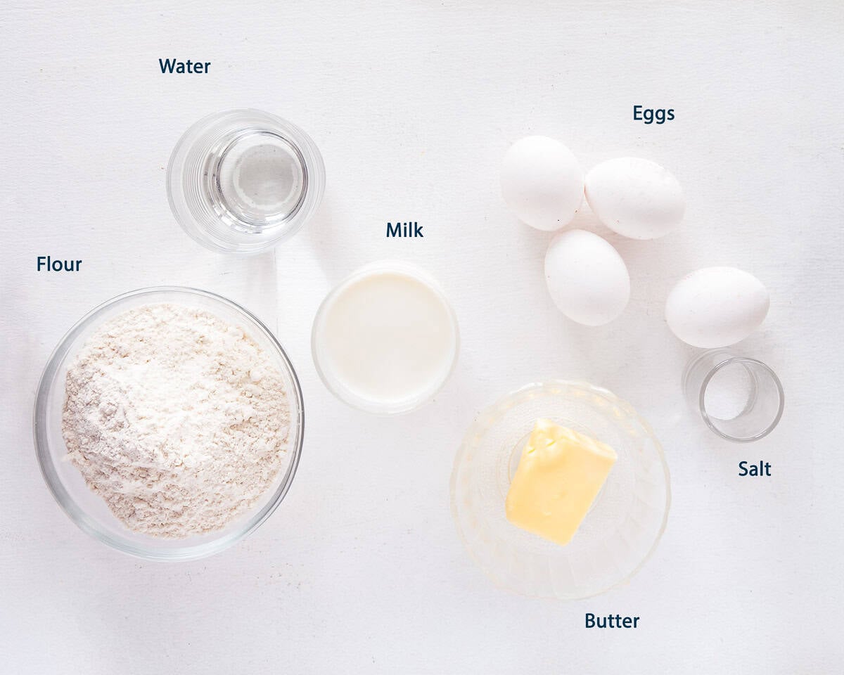 Ingredients Easy Homemade Crepe Recipe From Scratch on a white background with text description