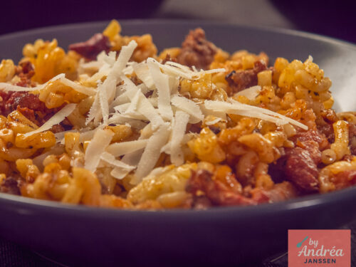Macaroni with Ground Beef, Bacon, and Parmesan