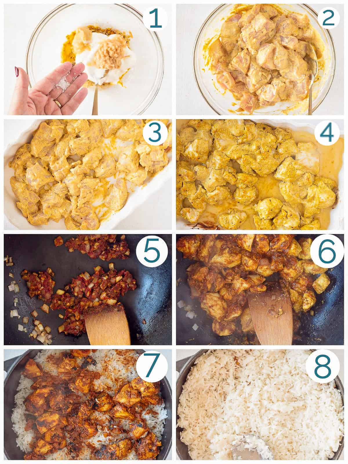 Eight picture collage of all the steps it takes to make Chicken biryani