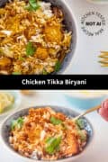 Two pictures with chicken biryani Indian above each other. A text in between Chicken tikka biryani