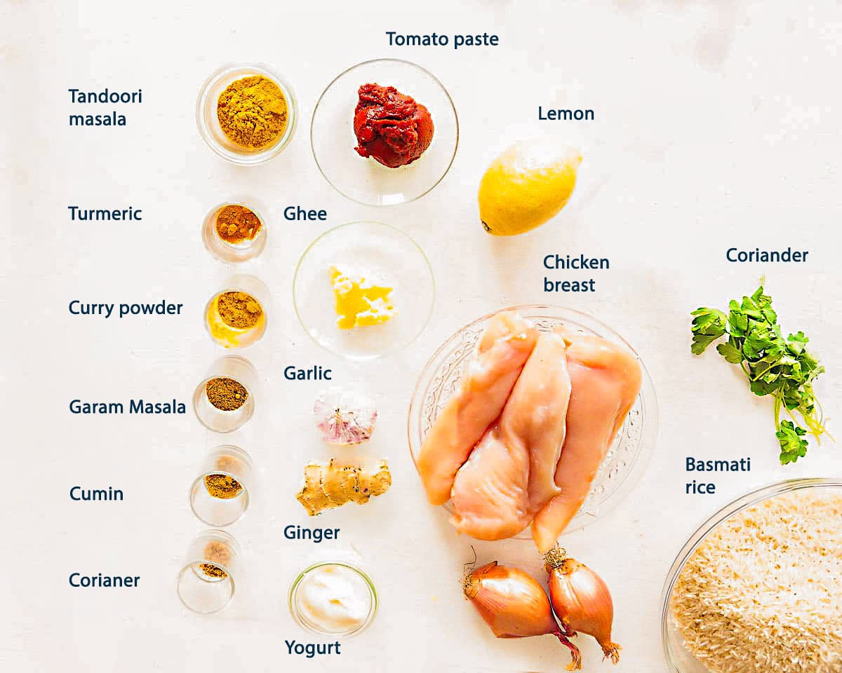 Ingredients Chicken Tikka Biryani Recipe on a white background with text description