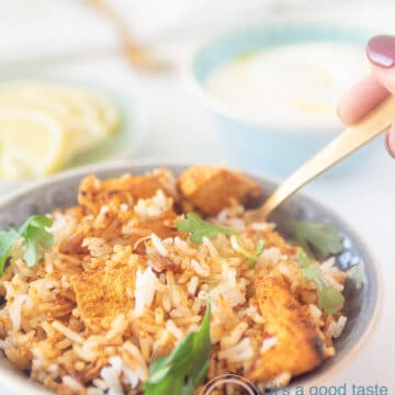 Chicken tikka biryani in a bowl