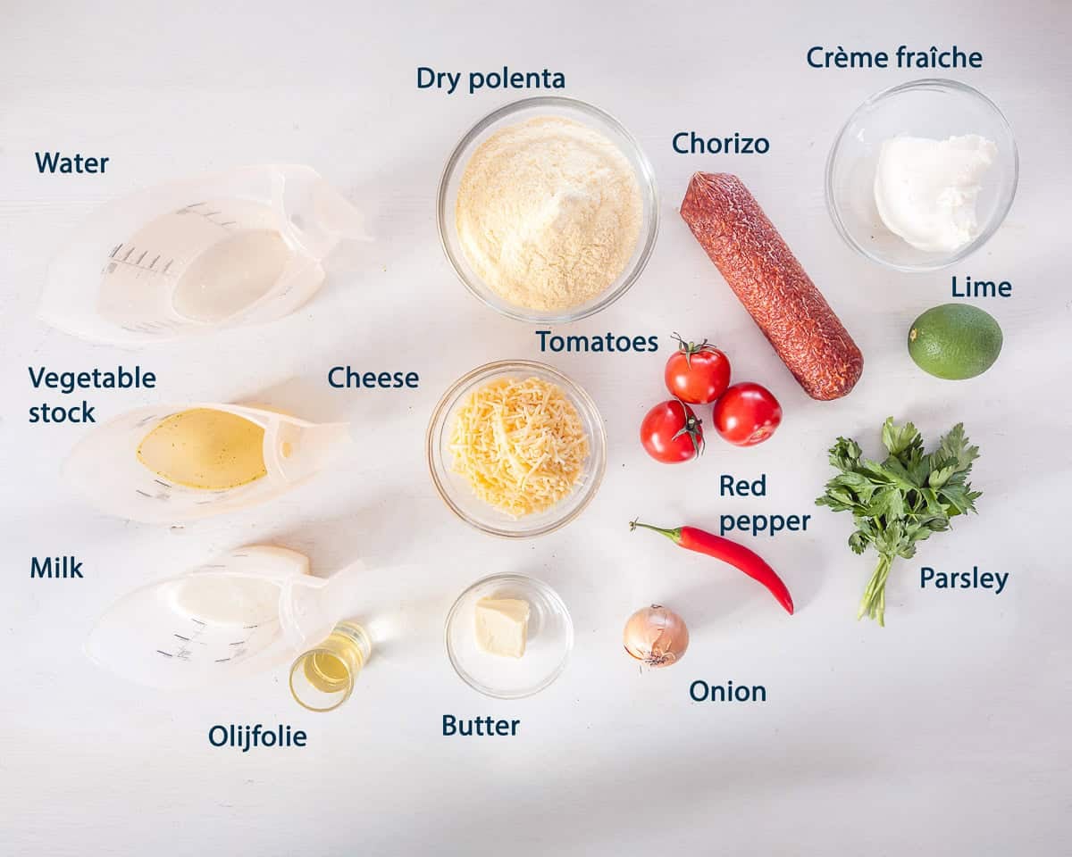 Ingredients Polenta Cups with Tomato Filling on a white background with text description.