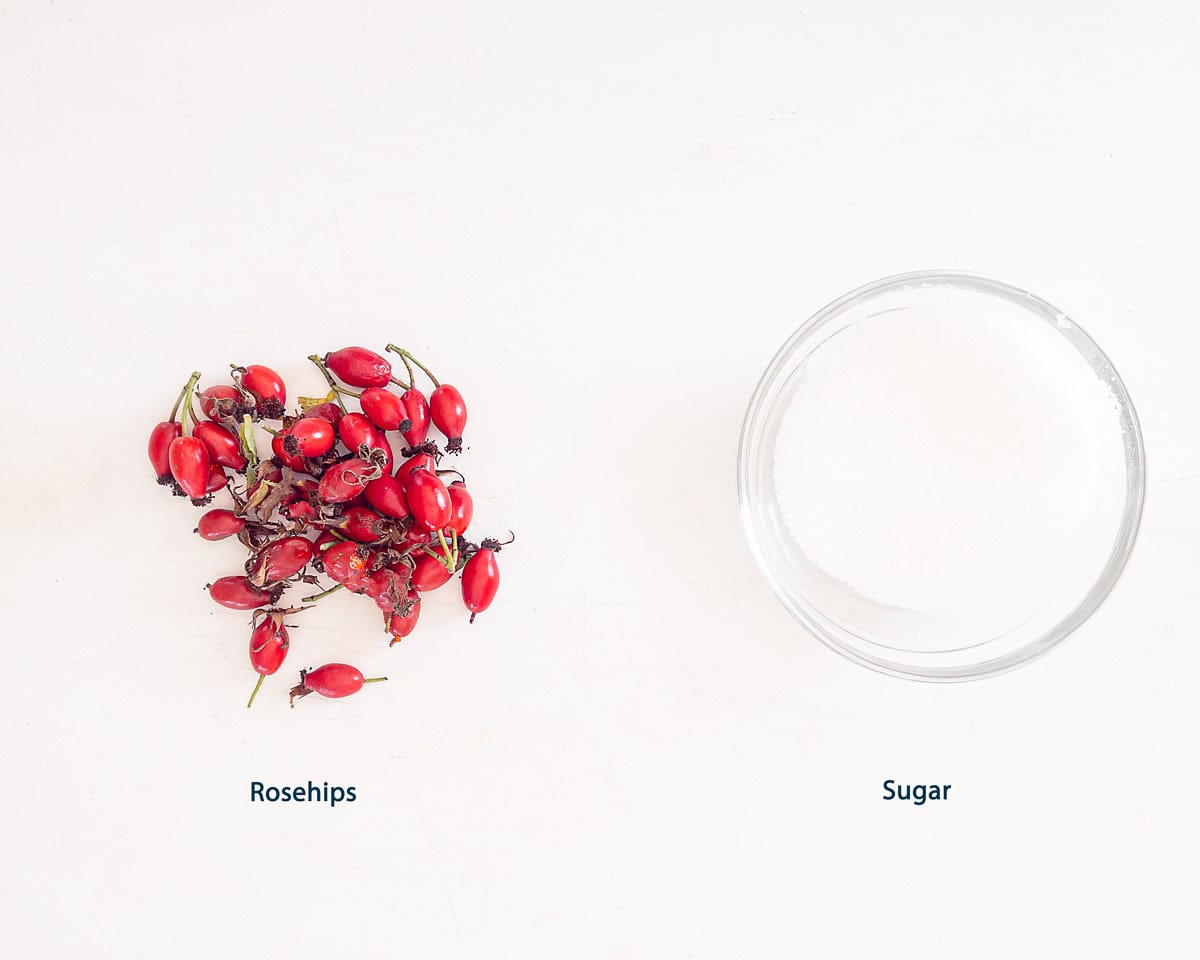 Ingredients Traditional Dutch Rosehip Syrup on a white background with text description