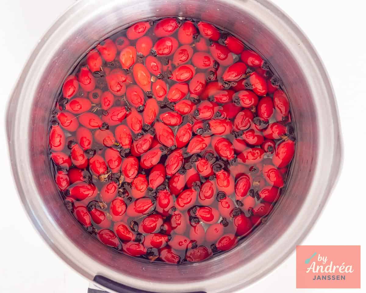 Rosehips in a pan with water