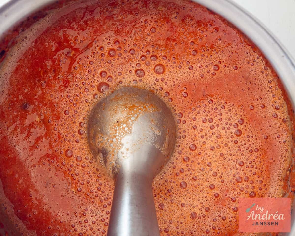 Purée the rosehips with an immersion blender.