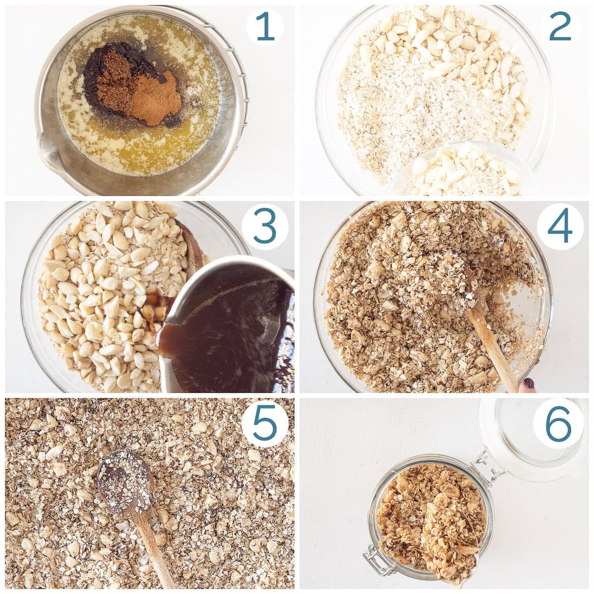 Preparation in six pictures of coconut almond granola