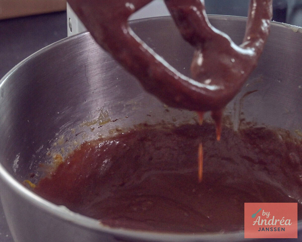 Beaten batter in bowl for chocolate cake