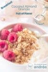 A pink bowl with yogurt, granola and raspberries. A text overlay with the description of the recipe