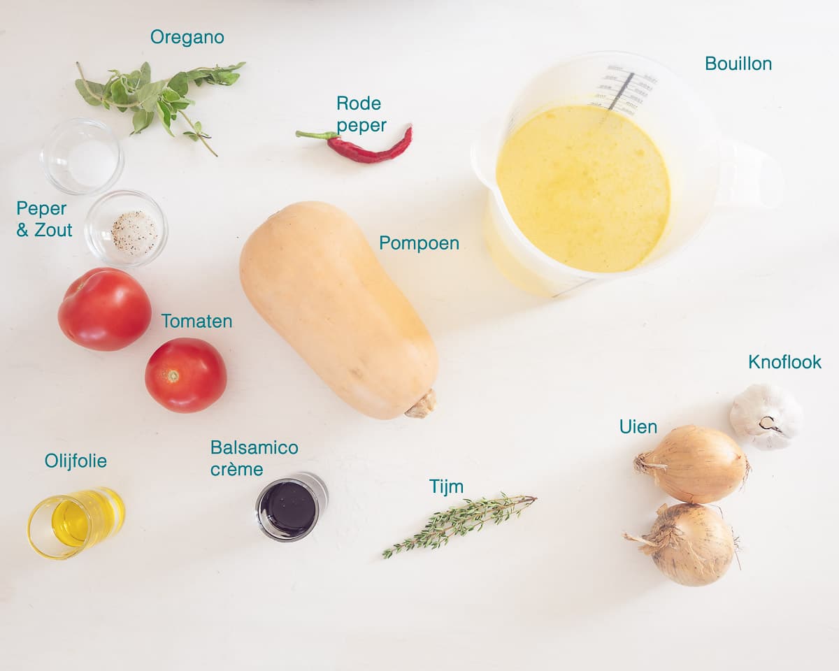 Ingrediënten Pittige Pompoensoep, individueel gelabeld op een witte ondergrond