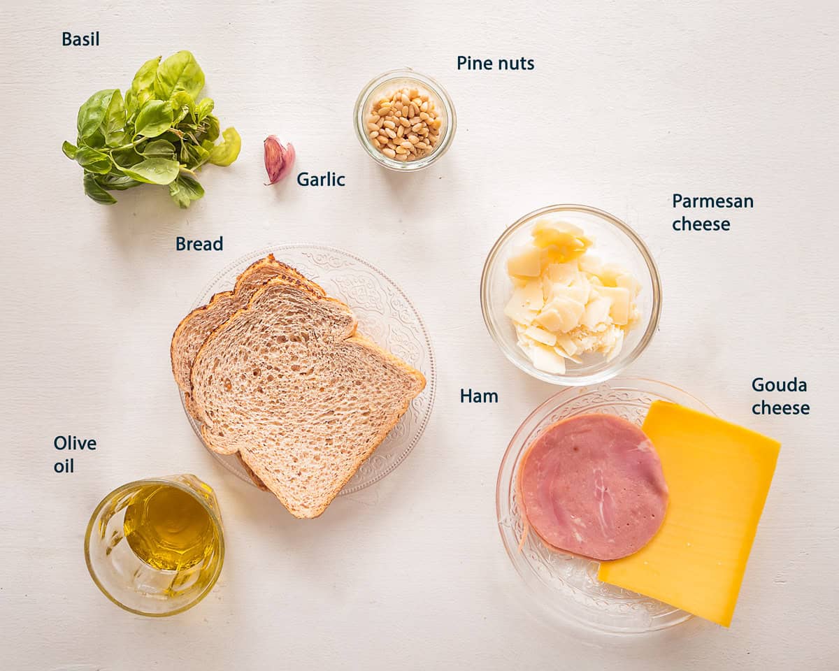 Ingredients Pesto Grilled Cheese Sandwich with Ham on a white background with text description