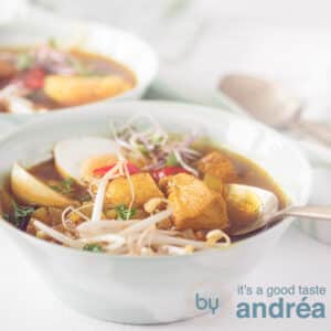 A square photo with two green bowls filled with Asian-style chicken soup, bean sprouts, egg on a white background