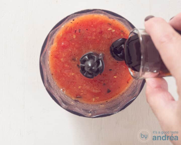 The salsa is pureed and balsamic cream is added.