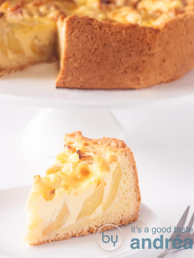 A piece of apple pie with custard on a white plate on a white background. In the bake the remaining cake