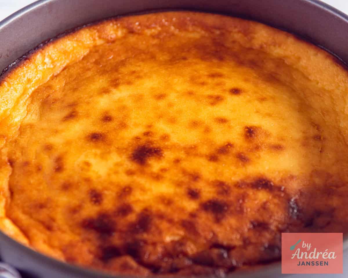 Een gebakken cheesecake in een springvorm