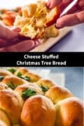 Two pictures above each other with cheese stuffed Christmas tree. A text in between: Cheese stuffed Christmas tree bread