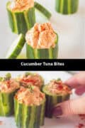 Two pictures with cucumber appetizers filled with tuna sauce. A text in between cucumber tuna bites