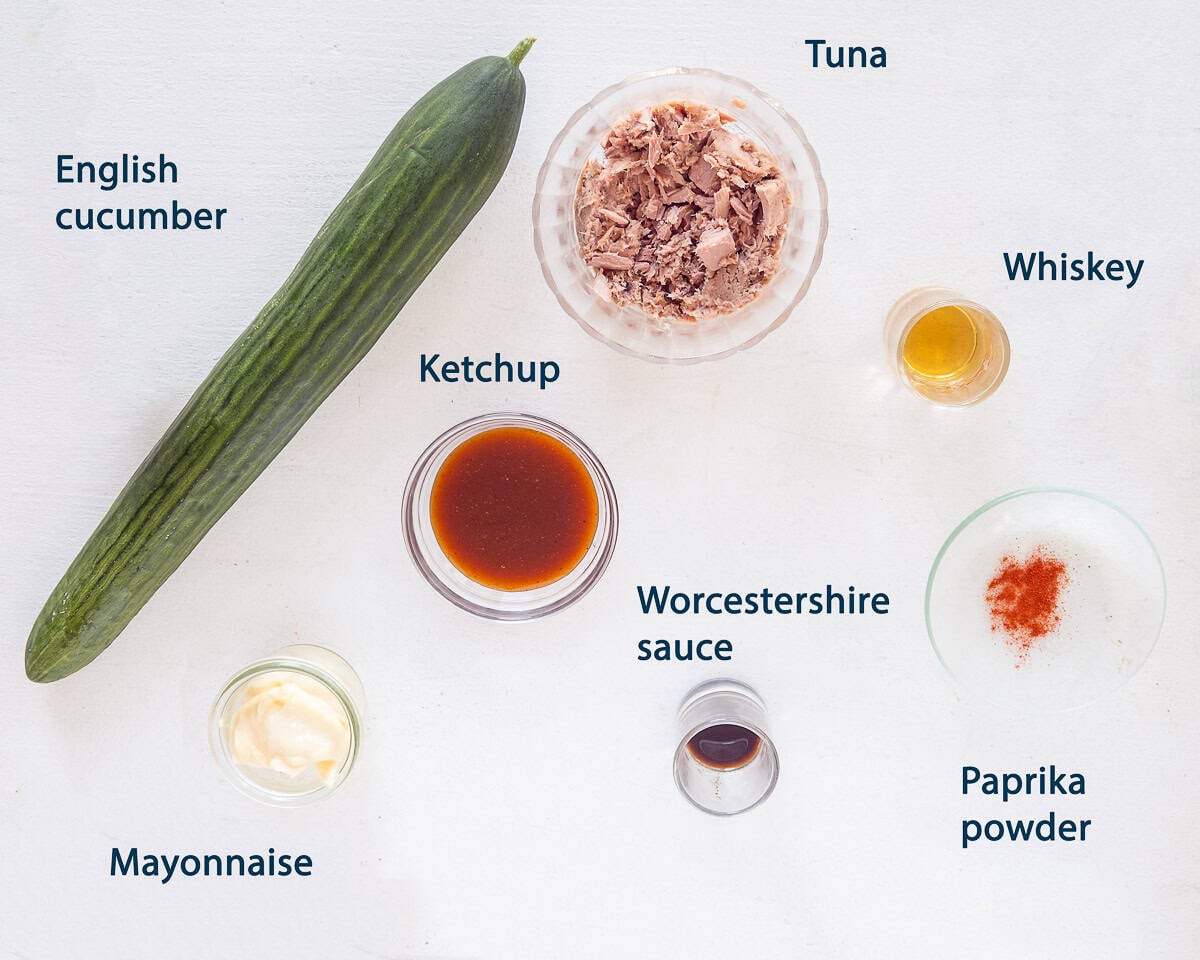 Ingredients Cucumber Tuna Bites on a white background with text description