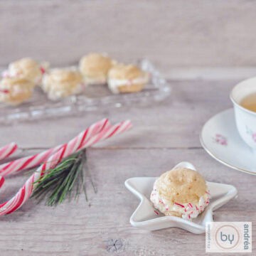 A square photo with a white Christmas bowl with a macaron. Candy canes and a glass bowl with additional macarons in the background