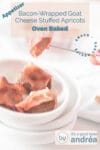 Three apricots on a white bowl. A pricker with half a snack. A text overlay describing the picture.