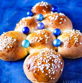 Sweet Christmas buns on a blue cloth