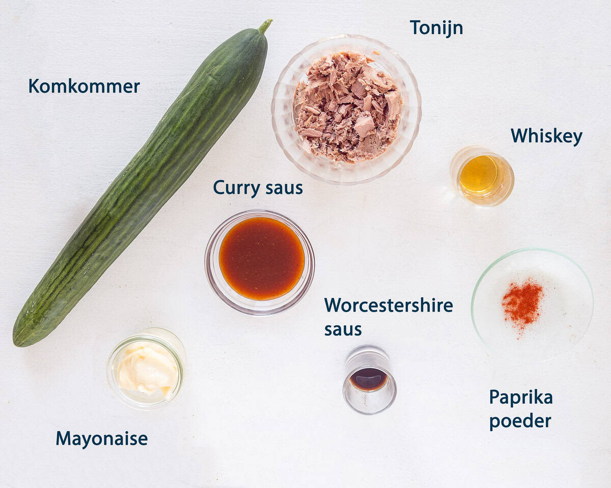 ingredienten Komkommer Hapjes met Tonijnsalade op een witte ondergrond met tekstbeschrijving