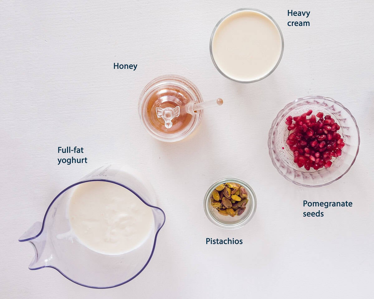ingredients Dutch Hangop with Honey, Pistachios and Pomegranate on a white background with text description