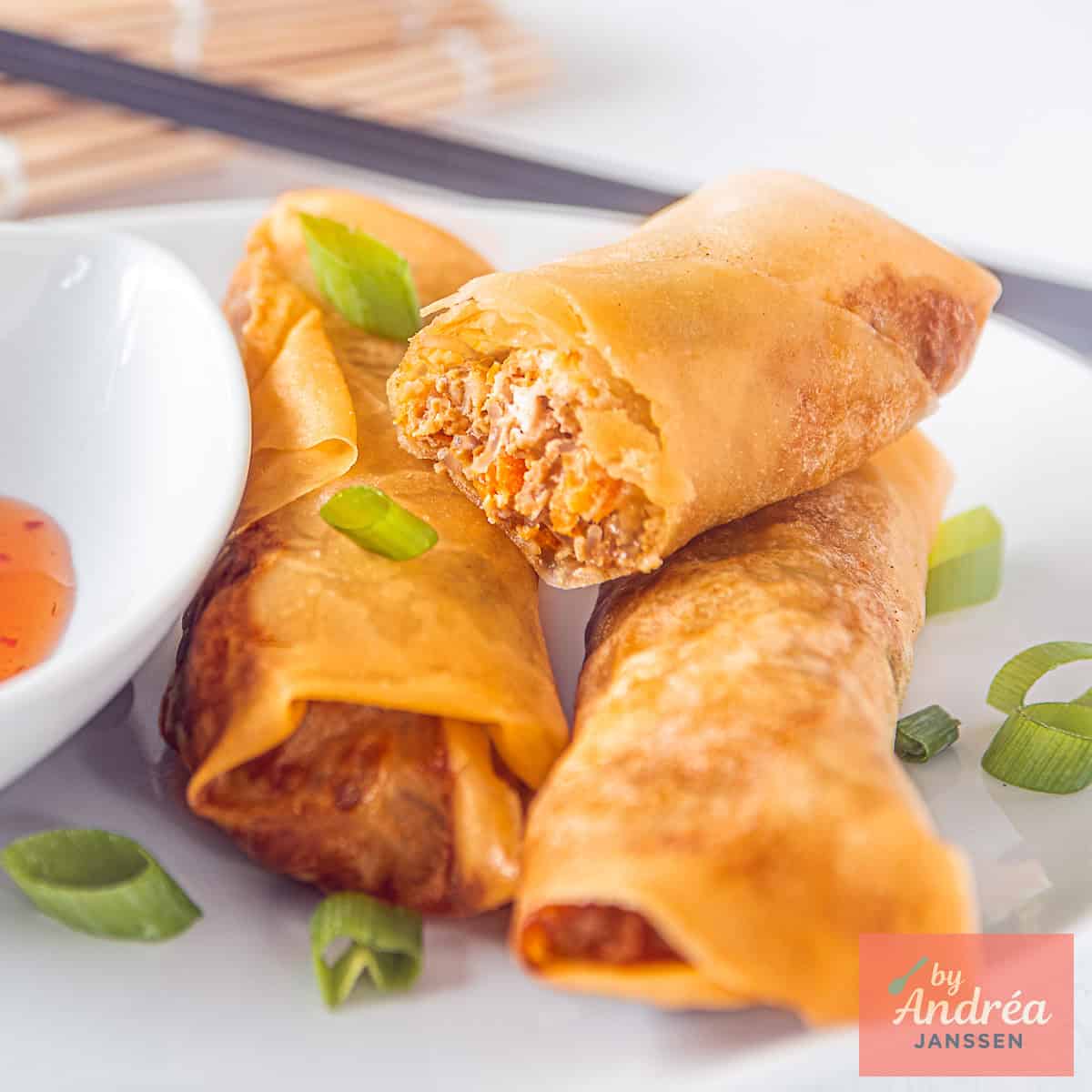 A square picture of a white plate with spring rolls one is sliced open so the filling can be seen.