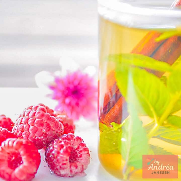 A square picture with a glass with mint tea with cinnamon and lemon balm