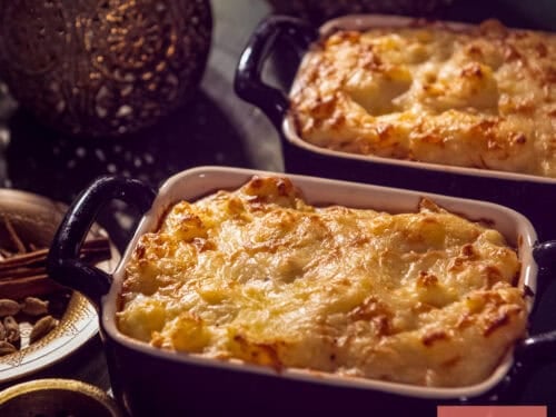 Two Indian-Style Sauerkraut Casseroles on a dark green background.