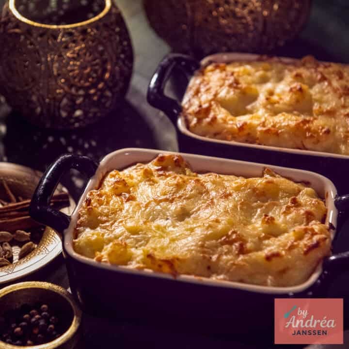 Two Indian-Style Sauerkraut Casseroles on a dark green background.