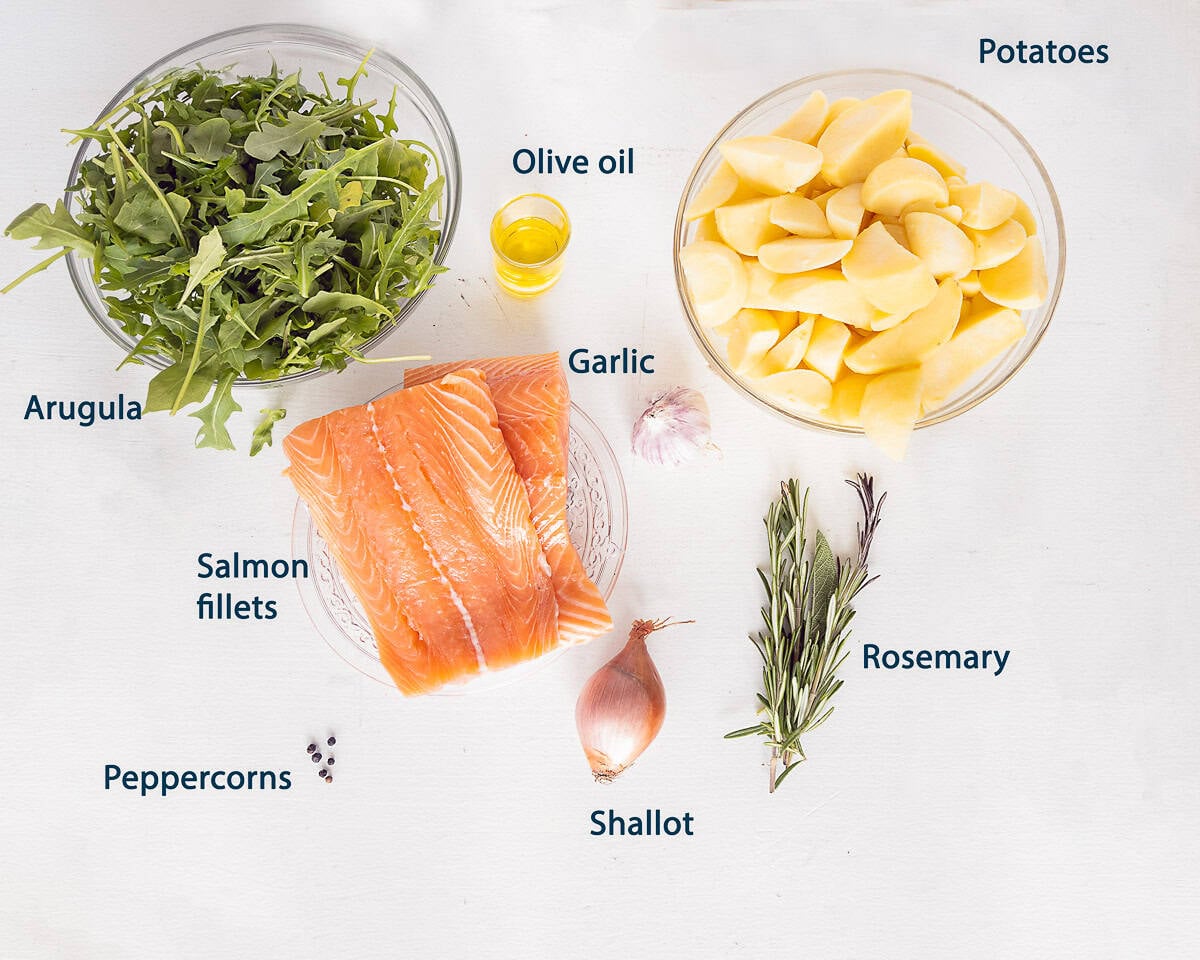 Ingredients Dutch Stamppot with Arugula and Grilled Salmon on a white background with text description.