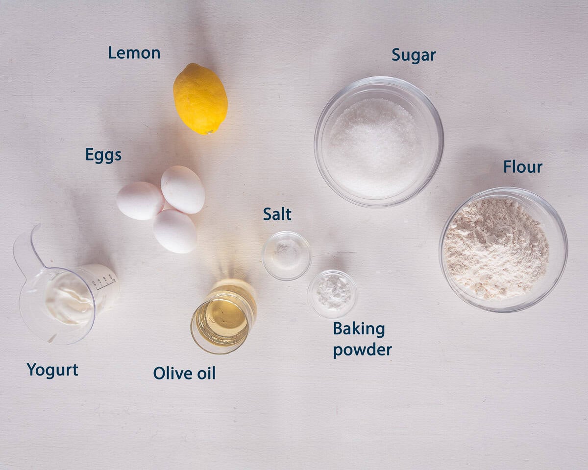 Ingredients Olive Oil Lemon Pound Cake on a white background with text description
