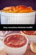 Two pictures of Jerusalem artichoke soufflés in a white casserole dish. A text in between easy Jerusalem artichoke souffle