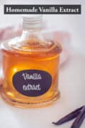 A picture with a bottle of vanilla extract on a. white background. A text on top: homemade vanilla extract