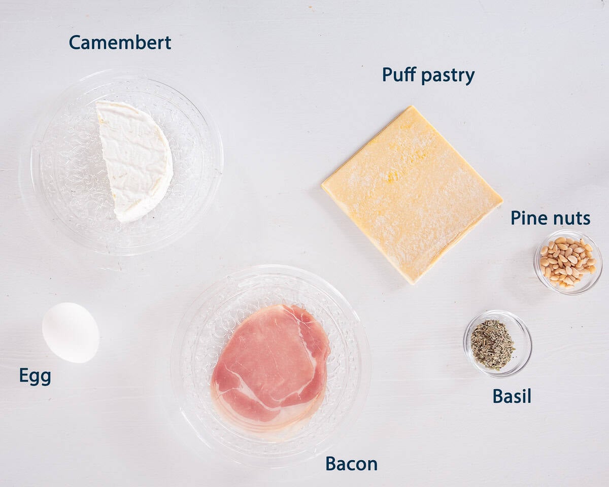 Ingredients Cheese Puff Pastry Pinwheels on a white background with text description